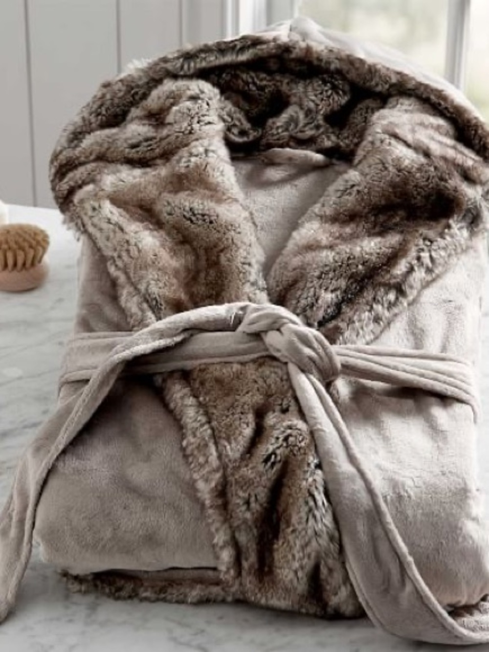 Luxury Faux-Fur Trim Hooded Robe - Taupe